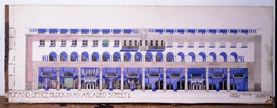 Tidigare oinspelade arkitektoniska ritningar för en butik och arkadgata, ca 1915 av Charles Rennie Mackintosh