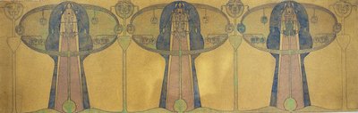 Dekorativ fris av stiliserade mänskliga figurer, träd och växtformer, ca 1895 (penna och akvarell på grått konstpapper) av Charles Rennie Mackintosh
