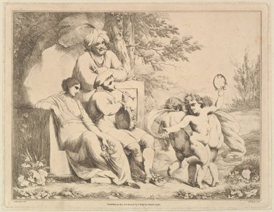 Three Putti som dansar till en pipare, 1 mars 1780. av Charles Reuben Ryley