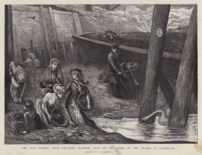 Stackars barn som plockar kolbitar från Themsen vid Limehouse, London (litho) av Charles Ricketts