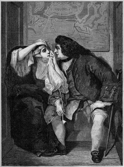 Illustration av Laurence Sternes roman "The Life and Opinions of Tristram Shandy, Gentleman" (1713-1768): Farbror Toby och änkan Wadman. Från målningen av Charles Robert Leslie (1794-1859) på utställningen i Manchester. Gravyr i "" Le Monde Illustré"" av Charles Robert (after) Leslie