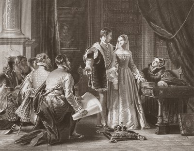 Lady Jane Greys ovilja att acceptera kronan, graverad av A.H. Payne (litho) av Charles Robert (after) Leslie