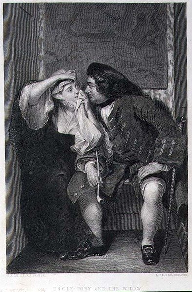 Farbror Toby och änkan, graverad av Lumb Stocks (1812-92) (gravyr) av Charles Robert (after) Leslie