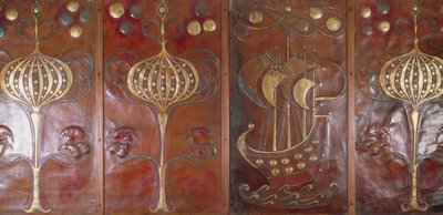 Präglade, målade och förgyllda läderpaneler, tillverkade av Guild of Hanicraft, 1892 (läder) av Charles Robert Ashbee