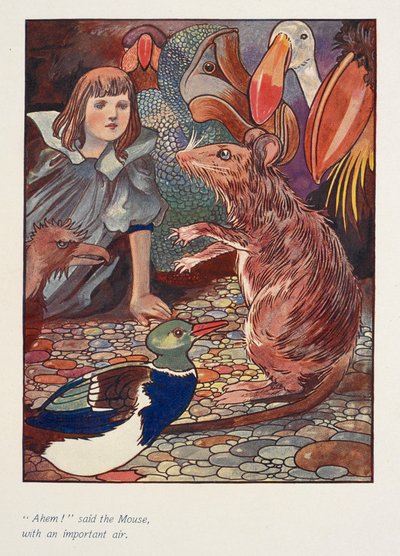 "Ahem!" sa musen, med en viktig min.
Alice med en mus och andra djur. av Charles Robinson
