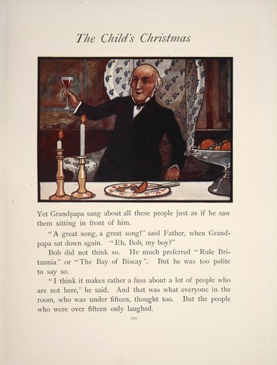 Illustration som visar en man som höjer ett glas vid en julmåltid. av Charles Robinson