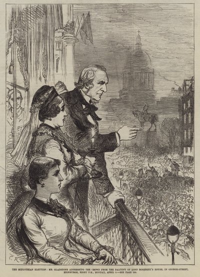 The Midlothian Election, Mr Gladstone talar till folkmassan från balkongen i Lord Rosebery House, i George-Street, Edinburgh, åtta på kvällen, måndagen den 5 april av Sir John Charles Robinson