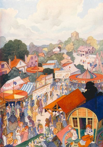 Den årliga marknaden besöker en lantlig by (färglitografi) av Charles Robinson