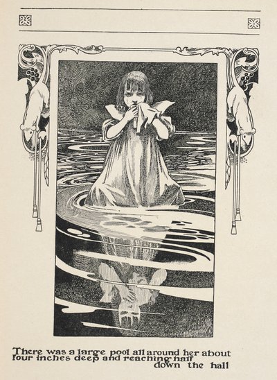 Det fanns en stor pool runt henne, ungefär tio centimeter djup, och den sträckte sig halvvägs ner i hallen.
Alice grät i tårarnas poool. av Charles Robinson