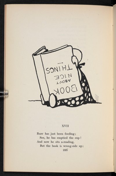 XVII.
En ramsa. Ett barn läser en bok upp och ner. av Charles Robinson