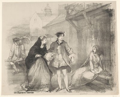 Scen från pjäsen The Cardlayer Tillkännagivande Biljetter till baletter och pjäser som framförs i Amsterdam City Theatre (serietitel) av Charles Rochussen
