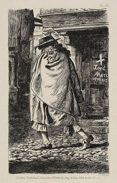 En klädd figur som passerar genom gatan (vid tiden för pesten i London) av Charles Samuel Keene