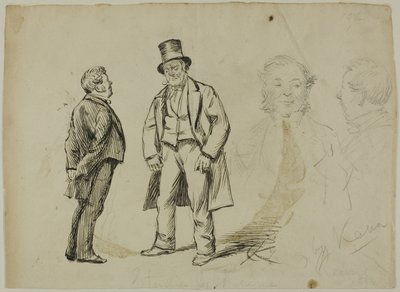 Skiss av två stående män och två porträtt av Charles Samuel Keene