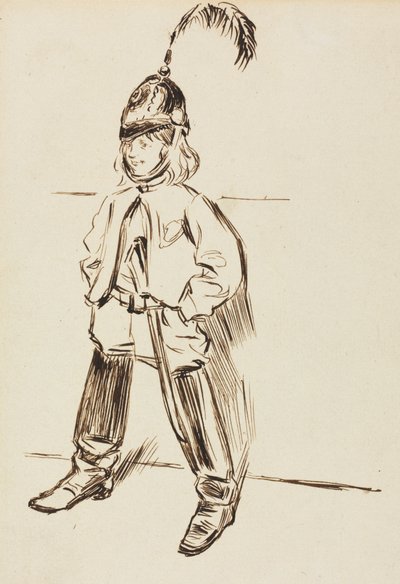 Studie av ett barn i hjälm och stövlar av Charles Samuel Keene