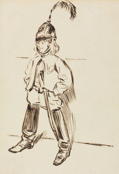 Studie av ett barn i hjälm och stövlar. av Charles Samuel Keene