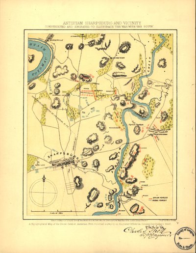Antietam Sharpsburg med omnejd. Konstruerad och graverad för att illustrera "The war with the South" LOC 99447381 av Charles Sholl