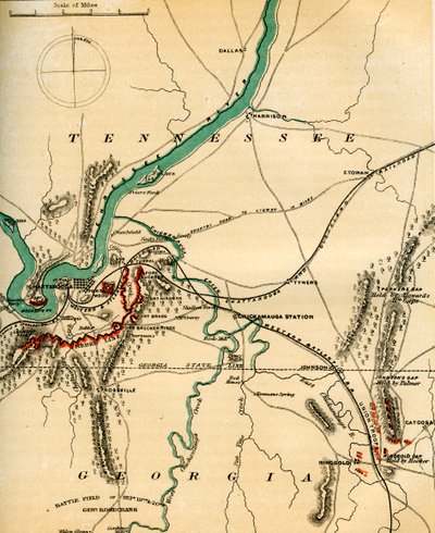 Karta över Chattanooga och dess försvar, Tennessee, 1862-1867. av Charles Sholl