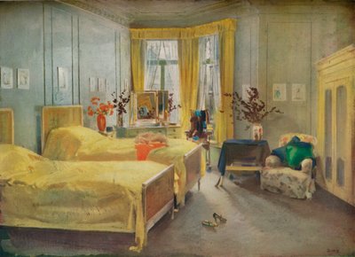 An Interior Scene: ett sovrum designat av Mme. Gloria Silva på Hotel Metropole, London, 1922 av Charles Sims