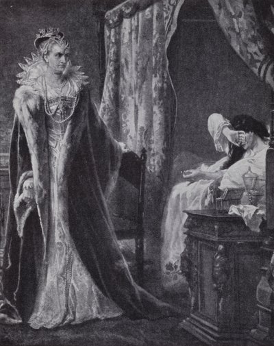 Grevinnan av Nottingham lämnade tillbaka Earl of Essex ring till drottning Elizabeth I, men för sent för att rädda honom från avrättning (litho) av Charles Soubre