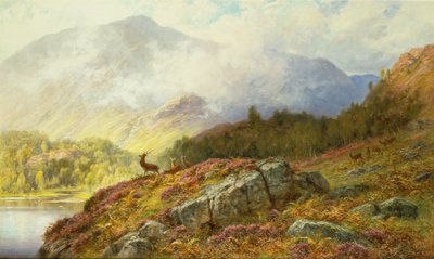 Hjortar i ett höglandslandskap (olja på duk) av Charles Stuart