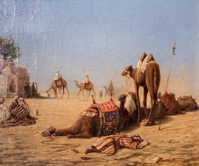 La halte des chameliers au caravanserail (olja på duk) av Charles Theodore (1814-88) Frere