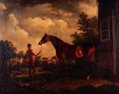 En jägare och en brudgum utanför ett hus på landet av Charles Towne