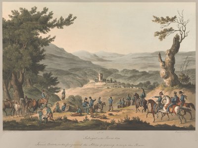Nr 5  Sabugal vid floden Coa. Franska vaktposter i förgrunden; de allierade förbereder sig för att korsa floden. av Charles Turner