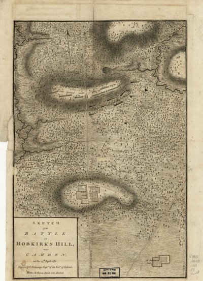 Skiss över slaget vid Hobkirks Hill, nära Camden, den 25 april 1781, publicerad i London 1794 av Charles Vallancey