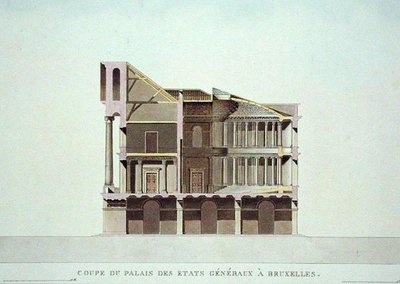 Tvärsnitt av Palais des Etats Generaux, Bryssel, från "Val av de mest anmärkningsvärda monumenten, byggnaderna och husen i Konungariket Nederländerna" av Pierre Jacques Goetghebuer, publicerad 1827 (akvatint) (se även 189230) av Charles Vander Straeten