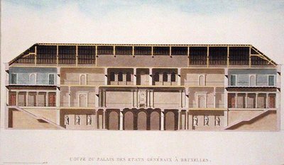 Tvärsnitt av Palais des Etats Generaux, Bryssel, från "Val av de mest anmärkningsvärda monumenten, byggnaderna och husen i Konungariket Nederländerna" av Pierre Jacques Goetghebuer, publicerad 1827 (akvatint) (se även 189231) av Charles Vander Straeten