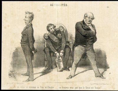 Illustration av Charles Vernier (? -1887) i Le Charivari - Republikens president, Ministere, Fåtölj (symbol för makt) - Napoleon III, Barrot Odilon (1791-1873), Minister, Faucher Leon (1803-1854) av Charles Vernier