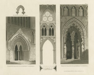 Lichfield Cathedral - West Entrance, North Entrance och Nave: akvatintgravyr av Charles Wild