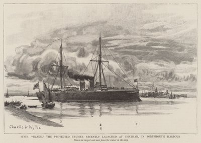 HMS Blake, den skyddade kryssaren som nyligen lanserades i Chatham, i Portsmouths hamn av Charles William Wyllie