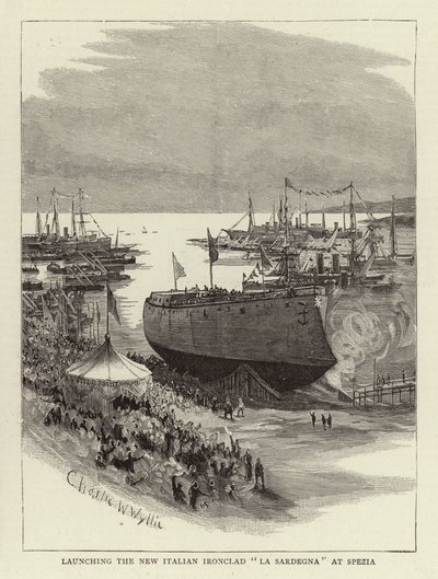 Lanserar den nya italienska järnklädda La Sardegna på Spezia av Charles William Wyllie