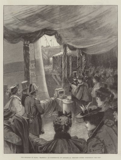 The Floating of HMS Majestic, i Portsmouth, den 31 januari, döper prinsessan Louise skeppet av Charles William Wyllie