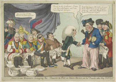 Dokter Napoleon zet de europeiska vorsten op de potten, 1808 Doktor Boney - tar krafterna till potten, eller John Bull och hans vänner ganska blyga (titel på objektet) av Charles Williams