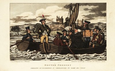 Engelska turister och skotte i tartanjacka seglar på Loch Leven i det skotska höglandet av Charles Williams