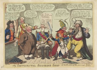 Napoleon som frisör för europeiska makter, 1806 The Continental Shaving Shop (titel på objekt) av Charles Williams