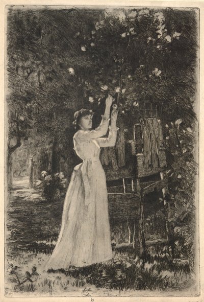 En ung kvinna som plockar blommor från ett träd av Charles Yardley Turner
