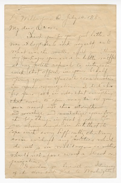 Brev till Oscar W. Price från överste Charles Young, 14 juli 1918. av Charles Young