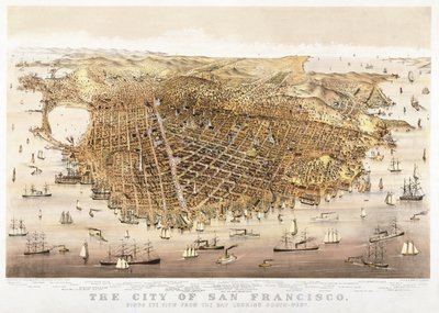 The City of San Francisco, fågelperspektiv från bukten i sydväst, publicerad av Currier & Ives av Charles Richard Parsons