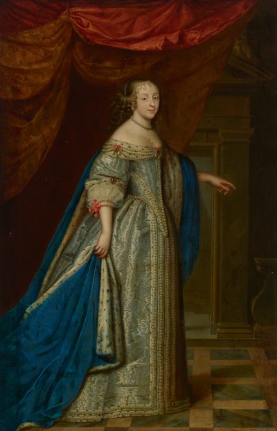 Porträtt av en kvinna i helfigur, traditionellt identifierad som Henrietta Maria, drottning av England av Charles and Henri (1603 77) Beaubrun