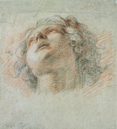 Ungdomshuvud, sett underifrån (röd och svart krita på papper) av Charles de la Fosse