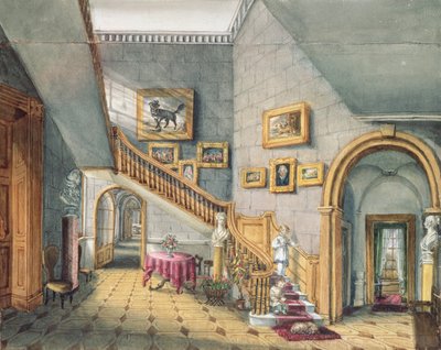 The Staircase, Strood Park, f26 från An Album of Interiors, 1843 av Charlotte Bosanquet
