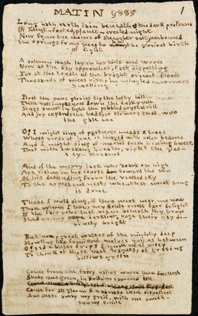 Dikt av Charlotte Bronte. Egenhändigt skrivet exemplar, med strykningar, av dikten "Matin". 12 november 1830, i Haworth, co. York: 1830. Haworth, co. York. av Charlotte Bronte