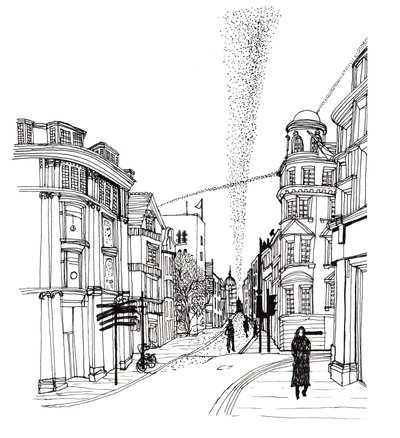 Cornmarket Street, 2019 (penna och bläck) av Charlotte Orr