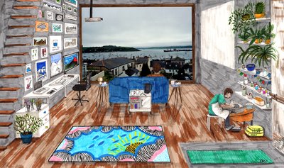 Coronamaison, 2020 (penselpennor på papper) av Charlotte Orr