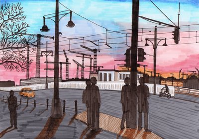 Kranar vid Warschauer Straße, 2017 (penselpennor) av Charlotte Orr