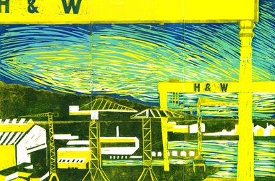 Harland & Wolff Cranes, Belfast, 2022 (linotryck) av Charlotte Orr