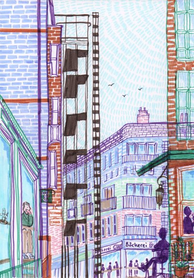 Prenzlauer Berg, 2017 (penselpennor) av Charlotte Orr